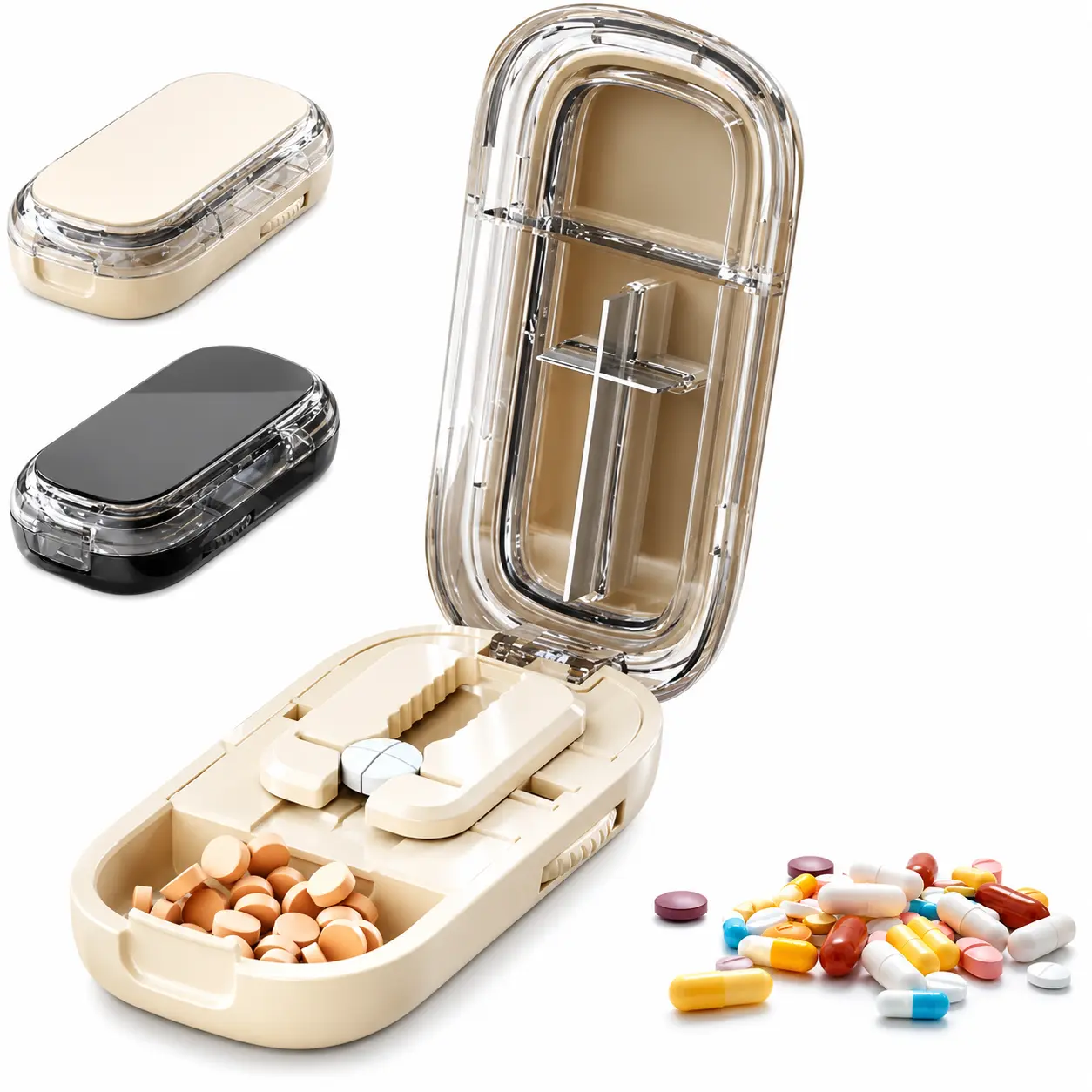 3-in-1 Adjustable Compact Tablet Pill Dispensers, Portable Pill Splitter with Precise Alignment for Tiny Tablets, Easy-Cutting Tool for Home Daily Medication Use