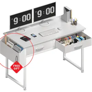 White Computer Desk with Fabric Drawers for Home Office Bedroom, 40 Inch Small Vanity Make Up Desk with Drawer, Study Writing Table, White, Get Free Gift