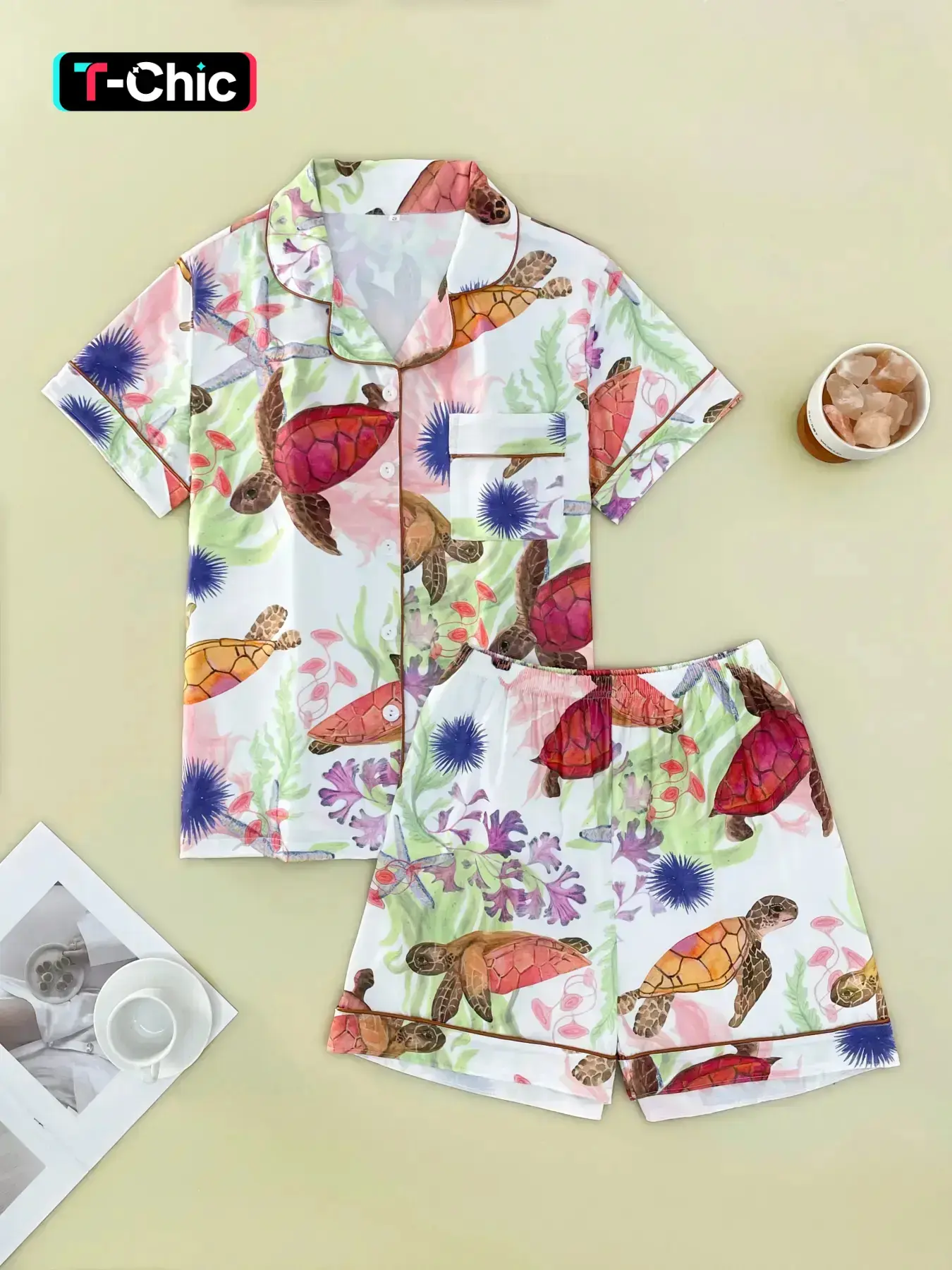 2 pieces of women's turtle print Knit pajamas, short sleeved shorts, spring/summer/autumn tops, pockets, four season collars, home clothes, Homewear, Loungewear, Nightwear, button casual Fitted set, Lightweight