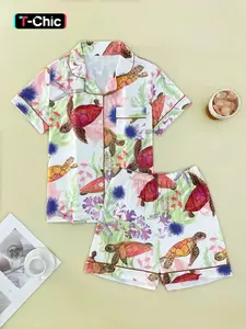 2 pieces of women's turtle print Knit pajamas, short sleeved shorts, spring/summer/autumn tops, pockets, four season collars, home clothes, Loungewear, Nightwear, button casual Fitted set