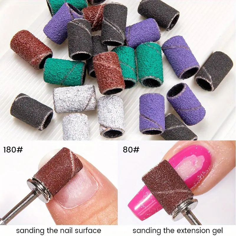 76pcs Mounted Cylindrical Grinding Heads Abrasive Sleeves Sanding Cap Bands 80# 120# 180# For Nail Drill Manicure Tools Nail Art