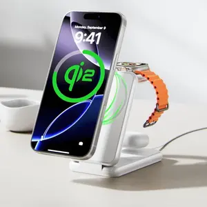 15W Fast 3 in 1 Foldable Wireless Charging Station Qi2 Certified For MagSafe Magnetic Stand, Made of General Materials, for Charging Apple Devices-iPhone 17, 16, 15 Pro Max, Air, iWatch, AirPods