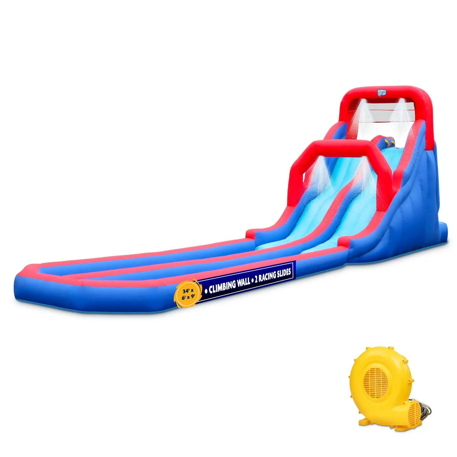 Sunny & Fun Dual Splash Racing Inflatable Water Slide Park with Climbing Wall & Splash Pool Durable Nylon Construction Easy to Assemble & Deflate Perfect for Backyard Fun