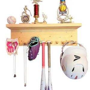 YEEYAYA Handmade Wall-Mounted Softball/Baseball Storage Rack – 2 Tiers, Holds 11 Bats, 6 Balls, Trophy Display Shelf with Groove for Picture Frames, Supports up to 30 lbs Baseball Softball Bat Holder