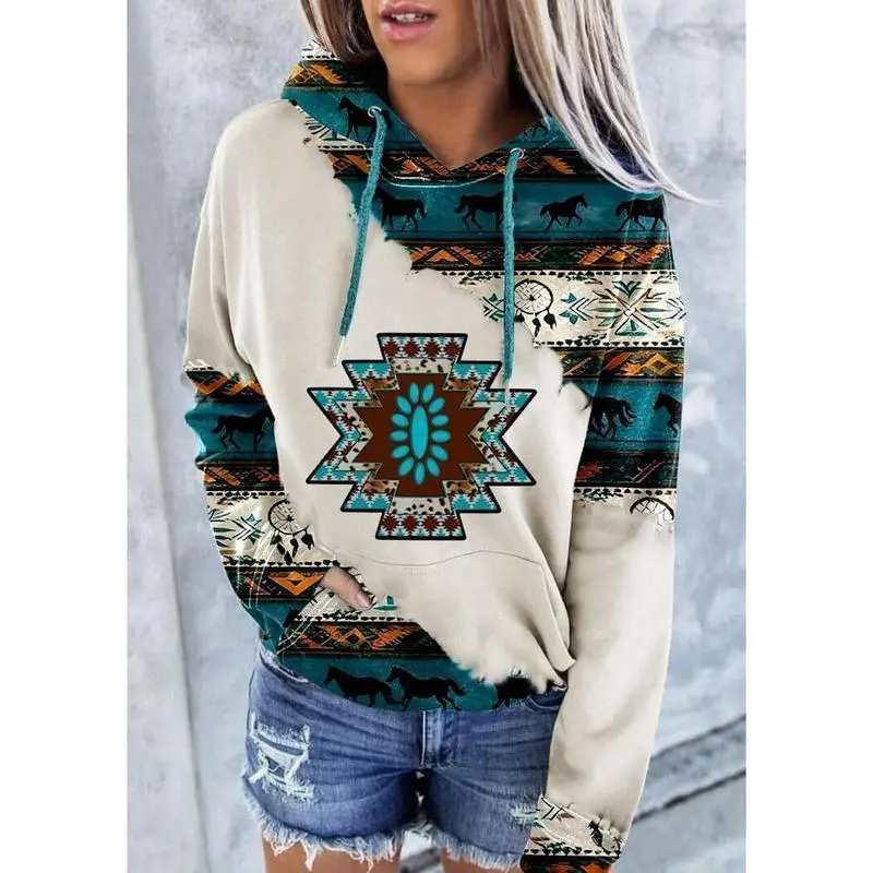 Women's Western Ethnic Style Print Aztec Hoodie Pullover Cowgirl Rhombus Printed Hooded Sweatshirt Women's Western Ethnic Style Print Aztec Hoodie Pullover Cowgirl Rhombus Printed Hooded Sweatshirt