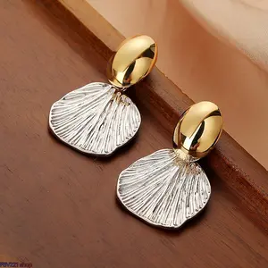 Women's 2-Tone Gold-Silver Shell-Style Fan Drop Earrings, Lightweight Comfortable Design with Secure Hook Closure, Elegant Coastal Charm for Casual & Formal Wear, Female