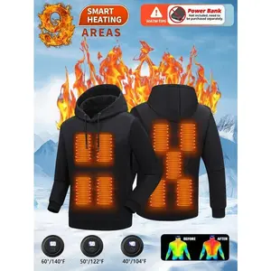 Smart Heating Hoodie With 9 Heating Zones, Quick USB Charging, Adjustable Temperature, Casual Solid Color, Long Sleeve, Woven Polyester, Regular Fit, Hooded Sweatshirt For Men - Fashionable Practical Design (Batteries Not Included)Gift