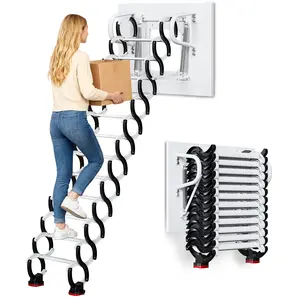 12 Steps Wall-Mounted Attic Ladder kit with Handrails, 3.1m Folding Loft Staircase, Up to 882 lbs Telescopic Fold Ladder for Attics, Garages, Roofs, Basements