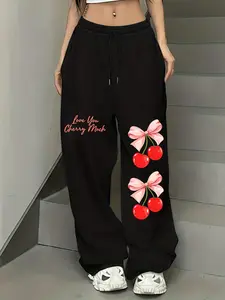Love You Cherry Much Wide Leg Pants with Bow Print, Casual Winter Fitted Sweatpants for Sweet American Style