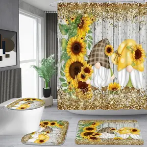 1/4 piece sunflower dwarf pattern shower curtain set, waterproof shower curtain with 12 hooks, non-slip bathroom carpet, toilet U-shaped cushion, toilet seat cover cushion, bathroom shower curtain set, perfect moving gift.