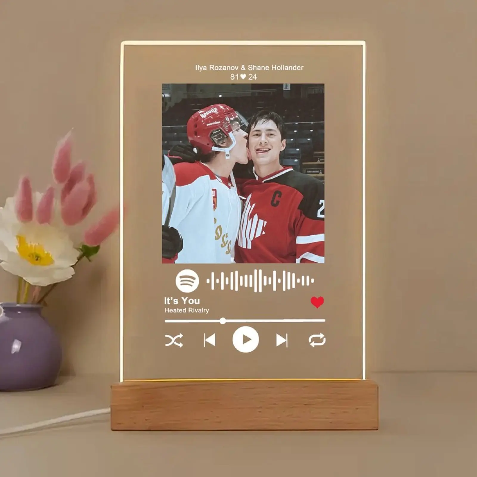 Personalized Acrylic LED Night Light Photo Plaque Decor - Scannable Spotify Song Code, Customizable Photo-Text-Date, Wooden Base, Color Changing Room Decor Lamp for Bedroom Desk, Sentimental Gift for Partner