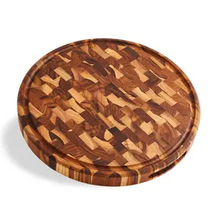 Vincent - End Grain Teak Wood Cutting Board 15" Round 1.5" Thick with Juice Groove and Built-in Handles, Charcuterie Serving Board (Gift Box Included)