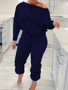 Plus Size Women's Casual One Shoulder Two-Piece Set, Solid Color Home Wear, Comfortable Daily, Ladies Fashion Clothing
