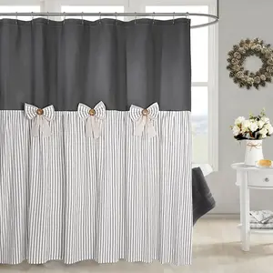 Farmhouse Grey Shower Curtain, Bowknot, Cotton Woven and Cotton Blend Fabric, Pleated Grey Stripe, Country Style, 72x78 in