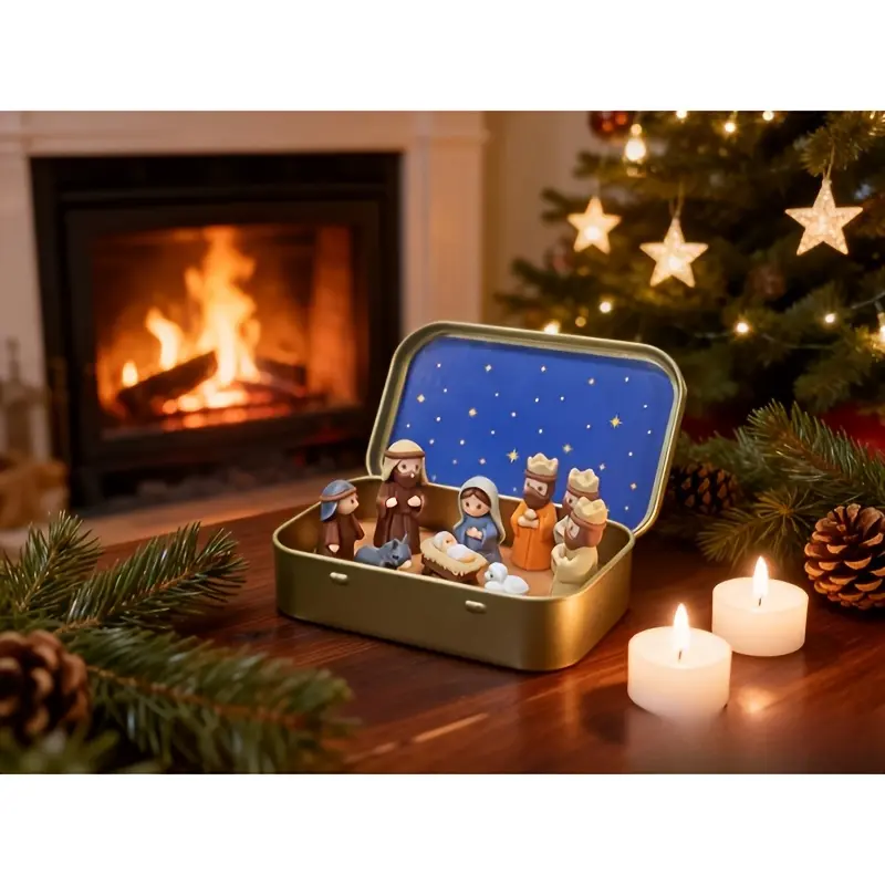 Handmade Mini Religious Nativity Scene Set with Box - Portable Pocket-Size Set Including Mary for Home Decor
