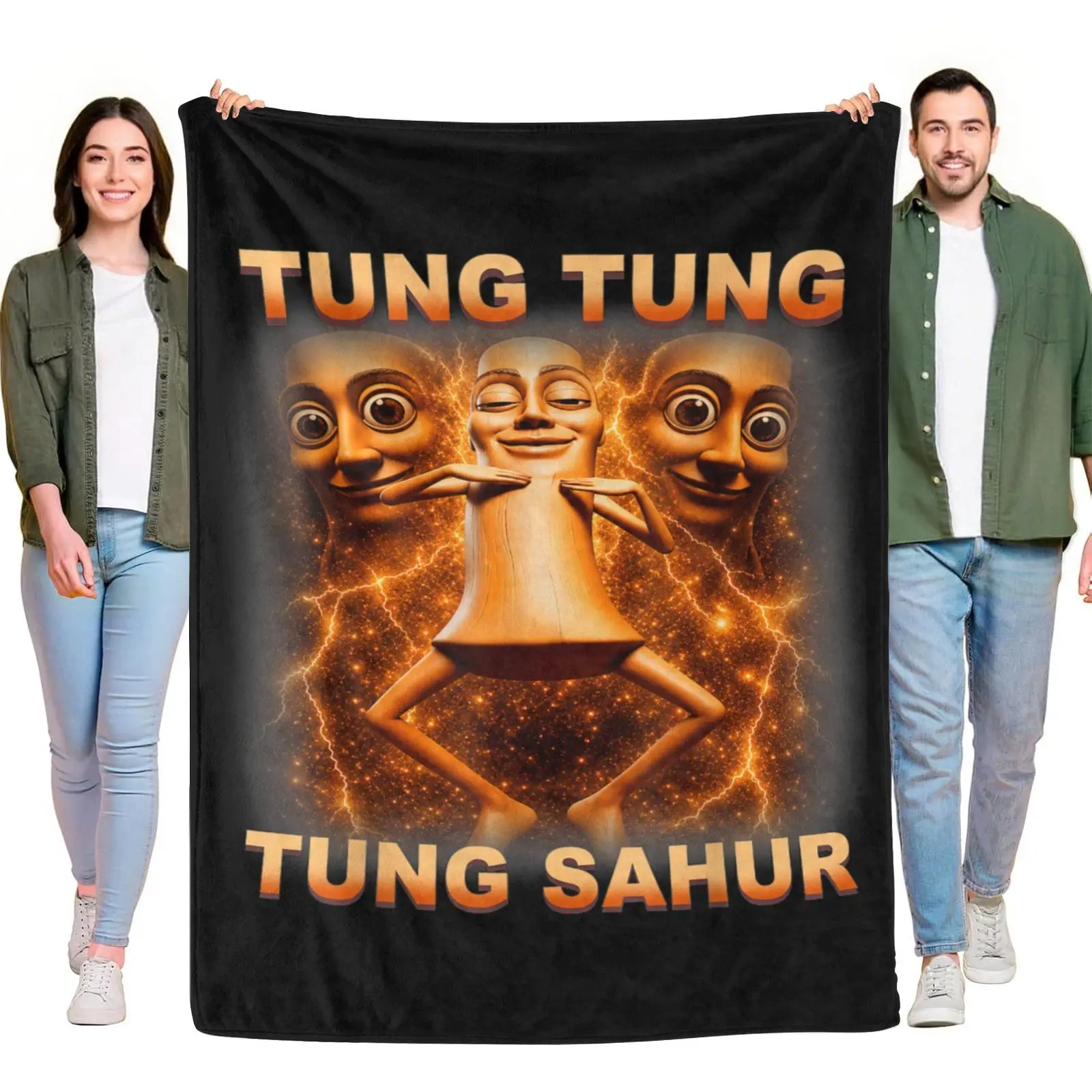 Tung Tung Tung Sahur Dancing Wooden Figure Glitter Orange Thunder Lightning Throw Blanket, Cozy Fleece Viral Trend Meme Blanket For Couch Home Decoration