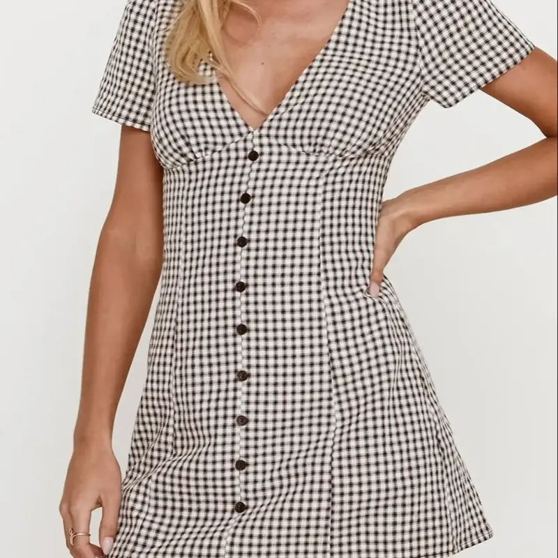 Women's Plaid Print V Neck Shirt Dress, Casual Short Sleeve Button Dress for Daily Wear, Ladies Clothes for All Seasons, Casual Dresses, Casual Daily Outfit