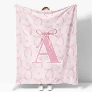 Single-sided printing Customized Blanket Coquette Pink Bow Throw Blanket  Personalized Initial A Soft Fluffy Cozy Flannel Blanket Monogrammed Gifts for Daughter Women Teen Girls for Bedding Bedroom Office