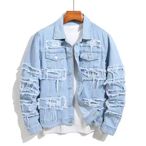 Streetwear HipHop Ripped Stylish Men Slim Denim Jacket High Quality Male Holes Distressed Solid Casual Denim Jacket Coat