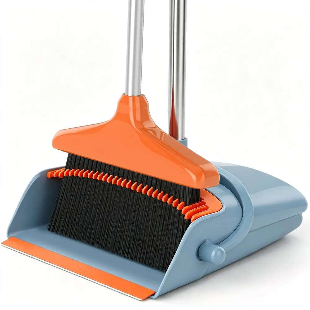 Broom and Dustpan Set Beginner Friendly Simple Assembly No Extra Tools Needed For Household Indoor Kitchen Bedroom Sweeping Gray & Orange