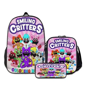 3PCS Smiling-Critters-Backpacks for Girls Set, Cute School Backpack for Girls Boys with Lunch Box and Pencil Case, Aesthetic Bookbag for Teens, Lightweight Classic Backpack for Travel, Work, Picnic A-62