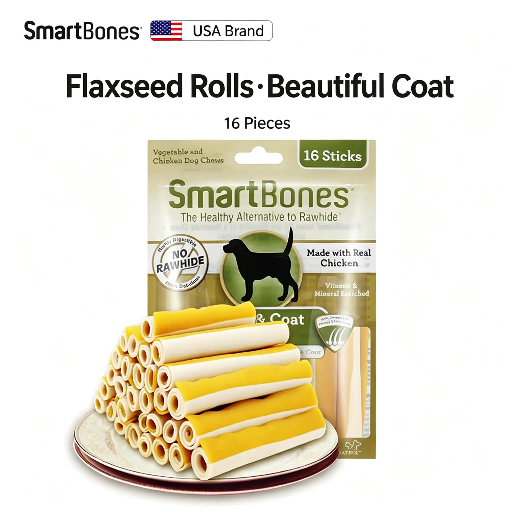 SmartBones Skin & Coat Care Dog Chews, 16 No-Rawhide Real Chicken Flaxseed Sticks, Healthy Shiny Coat Dental Treats for Dogs