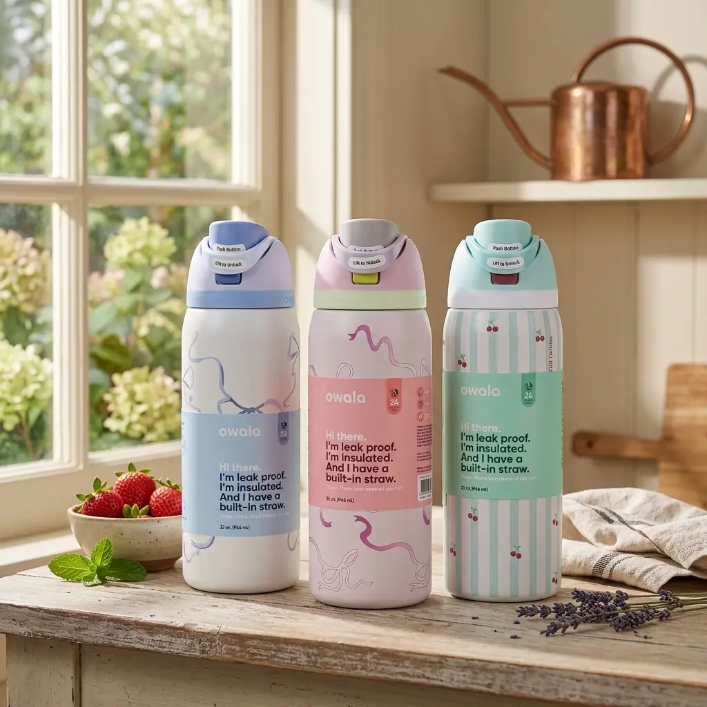 Owala FreeSip Leakproof Insulated Water Bottle with Straw, Design for Work, Commute & Gym – Keeps Drinks Cold All Day, Candy Coated, Blue Bow, Pillow Fight, Pink Bow