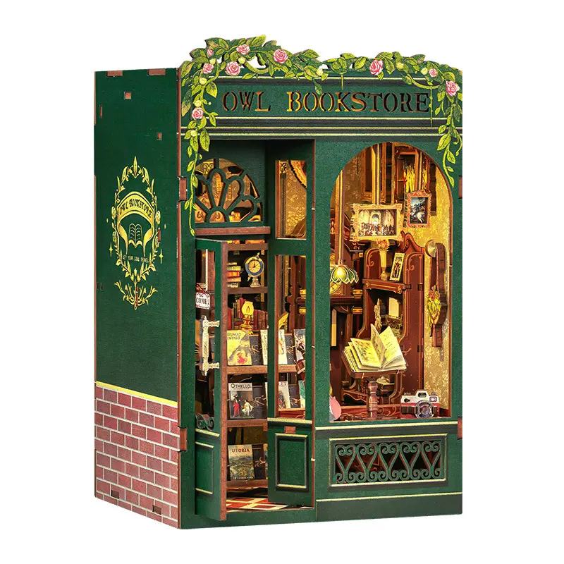 Owl Bookstore Mini Book Nook Kit – DIY Cozy Cottage Bookshelf Insert with LED Light, Beginner-Friendly