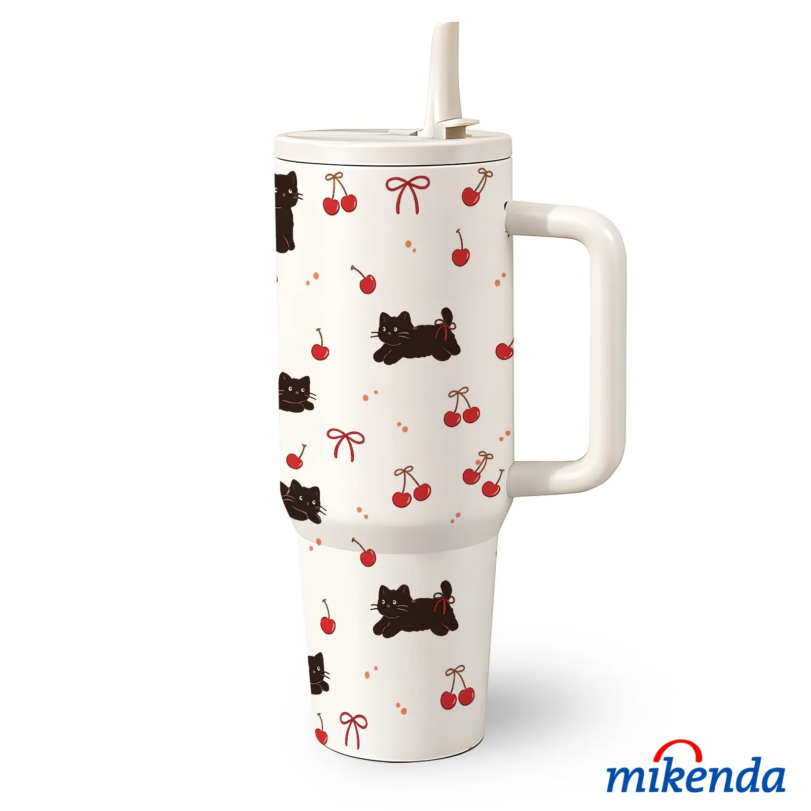 1 Pc 40 Oz Stainless Steel Water Cup Flask Tumbler with Handle and Straw, Black Cat and Cherry Bow Design, Double Wall Insulated Thermal Mug, Hot 12H/ Cold 24H, Fun Drinkware, Stainless Steel Tumblers, Easter, Mother's Day Gift for Friends