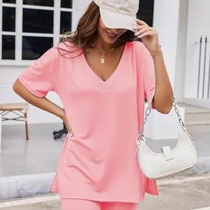 Womens Pajamas 2 Piece Lounge Sets Oversized V Neck T-Shirts Tops Biker Shorts Set Workout Reversible Tracksuit S-XXL