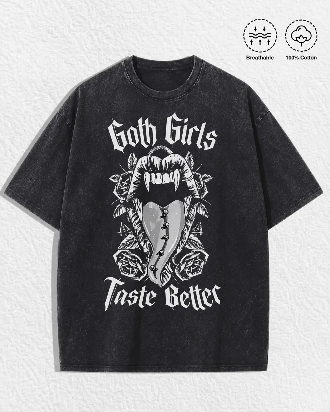 Vintage Acid Wash Vampire Fangs Art graphic tee A comfortable summer gift Alt Goth streetwear y2k clothing Oversized T-Shirt short sleeve fall fashion outfit