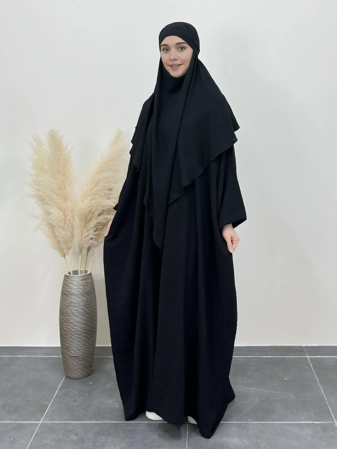 Arabic Clothing-women's Solid Long Sleeve Kaftan & Khimar Set, Modest Elegant Batwing Sleeve Islamic Set, Modesty Clothing, Kaftan Dress, Women's Isla