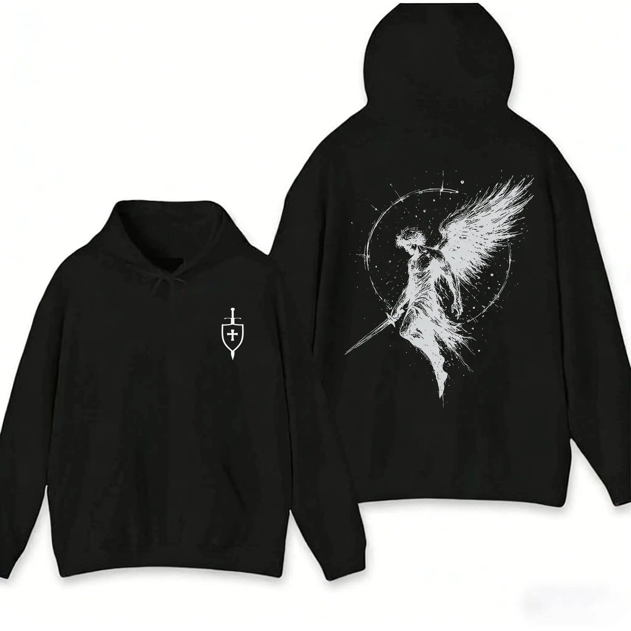 "Saint Michael The Archangel" Flaming Sword & Scales of Justice Graphic Winter Hoodie, Christian Religious Faith‑Based Streetwear Pullover, Bold Gym Pump Cover Casual Apparel