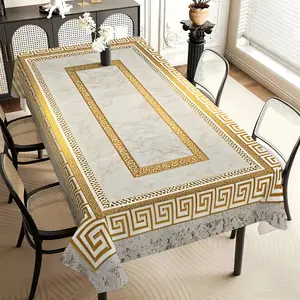 1PC square tablecloth, light luxury and minimalist geometric border pattern, paired with beige and gold, suitable for decoration in homes, restaurants, outdoor picnics and other occasions - Asian style dining table decoration, exquisite pattern design