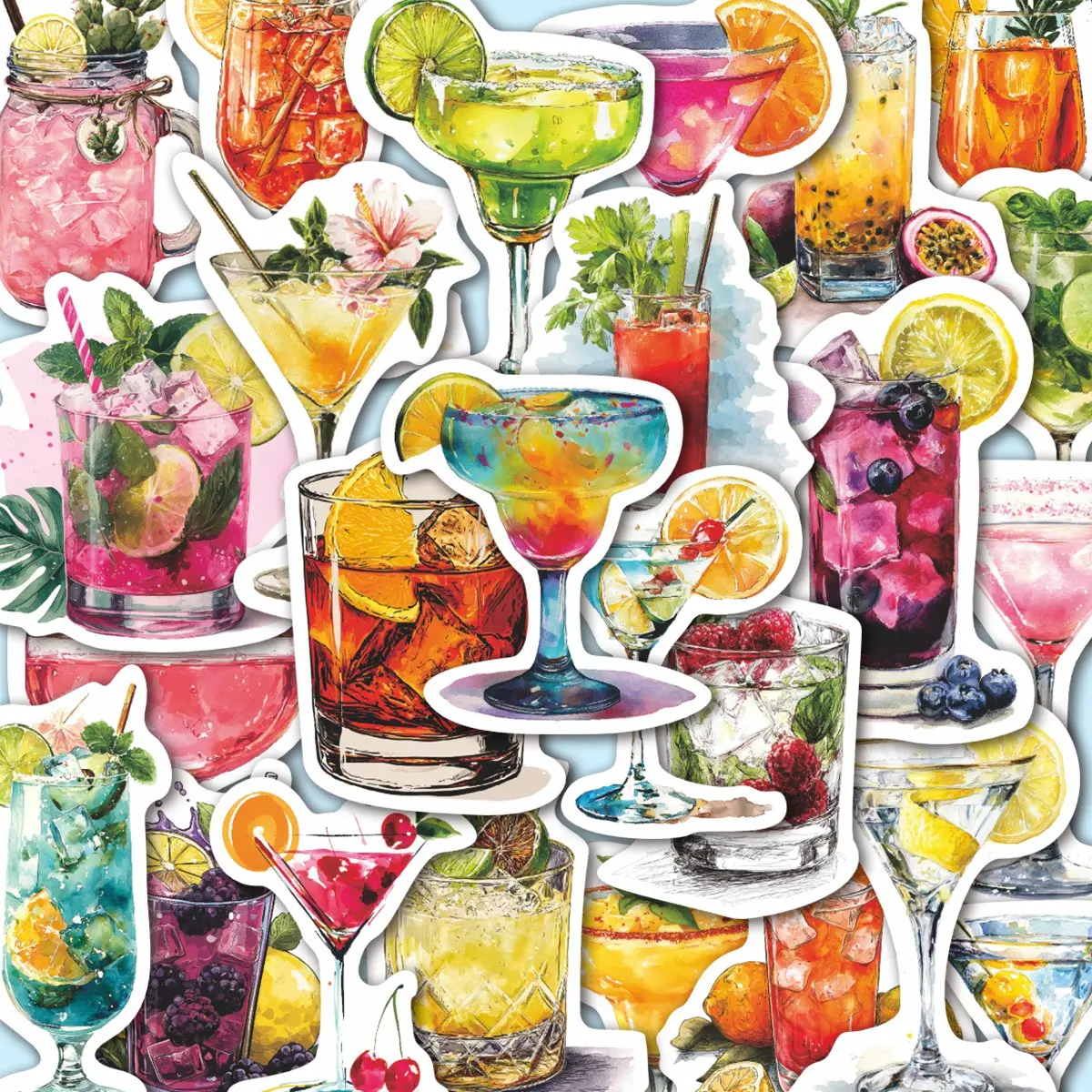 50Pcs Summer Cocktail Drink Stickers Pack, Waterproof Refreshing Beverage & Tropical Cocktail Vinyl Decals for Laptop, Water Bottle, Journal & Scrapbook, Bartender Gift