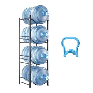 4-Tier Water Jug Holder and Bottle Rack for 4 Bottles, Heavy Duty Water Dispenser Rack with 4 Slots for Gallon Jugs, Detachable Water Storage Shelf Organizer for Home, Living Room, Kitchen and Office, Black