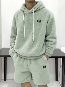 Men’s Teddy Fleece Long Sleeve Hoodie & Shorts Set – Super Soft Cozy Casual Loungewear, Fall/Winter Everyday Outfit Essential