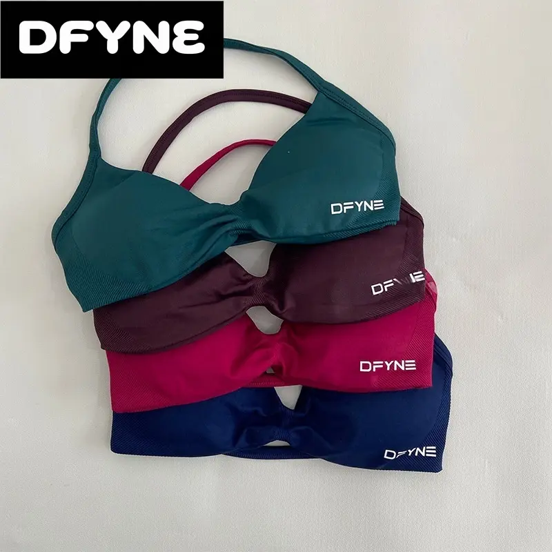 DFYNE Women's Seamless Activewear Separates, Halter Twist V Neck Sports Bra and High Waisted Ribbed Butt Lift Leggings for Pilates Yoga Gym