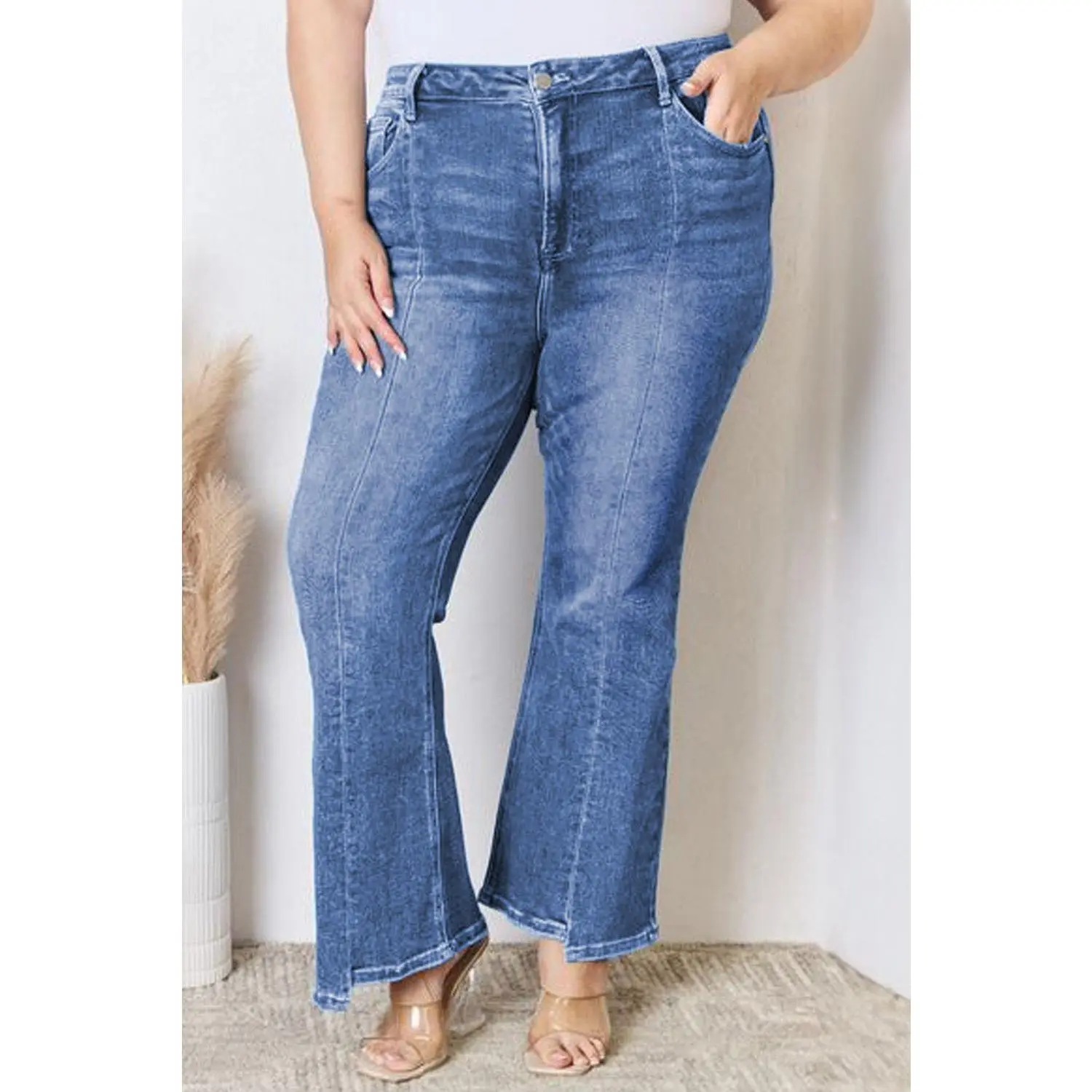 Blue Plus Size Exposed Seam High Waist Flare Jeans