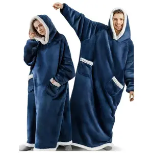 1 set of neutral casual robe set — comfortable hooded flannel bathrobe with pockets, solid color, polyester fiber, medium elasticity, woven, loose fit suitable for autumn and winter nightgowns, women’s home wear GARMENTARY