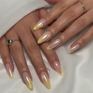 24Pcs French Almond Gradient Floral Press-On Nails | Yellow & White Ombre Design