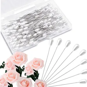 100 PCS Corsage Pins with Box, Teardrop Design Pearl Decoration Long Straight Wedding White Teardrop Pearl Head Boutineer Boutonniere Prom Bouquet Pins for Quilting Sewing Pinning Quilt Flower DIY Crafts (2.17")