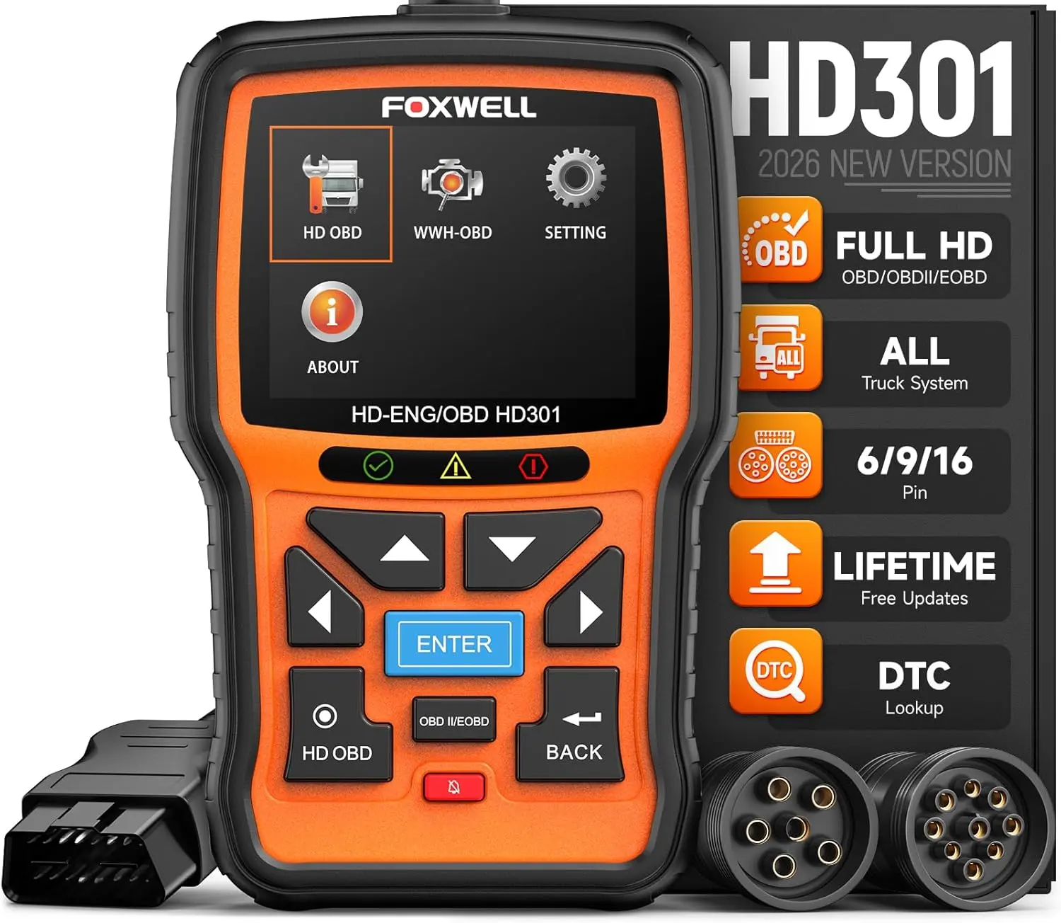FOXWELL HD301 Heavy Duty Truck Scanner, 2 in 1 Code Reader for Trucks，Full System Diesel Scan Tool with 6/9/16 Pin,  & Car Engine, Diesel Diagnostic Tool for Cummins, Paccar, Caterpillar