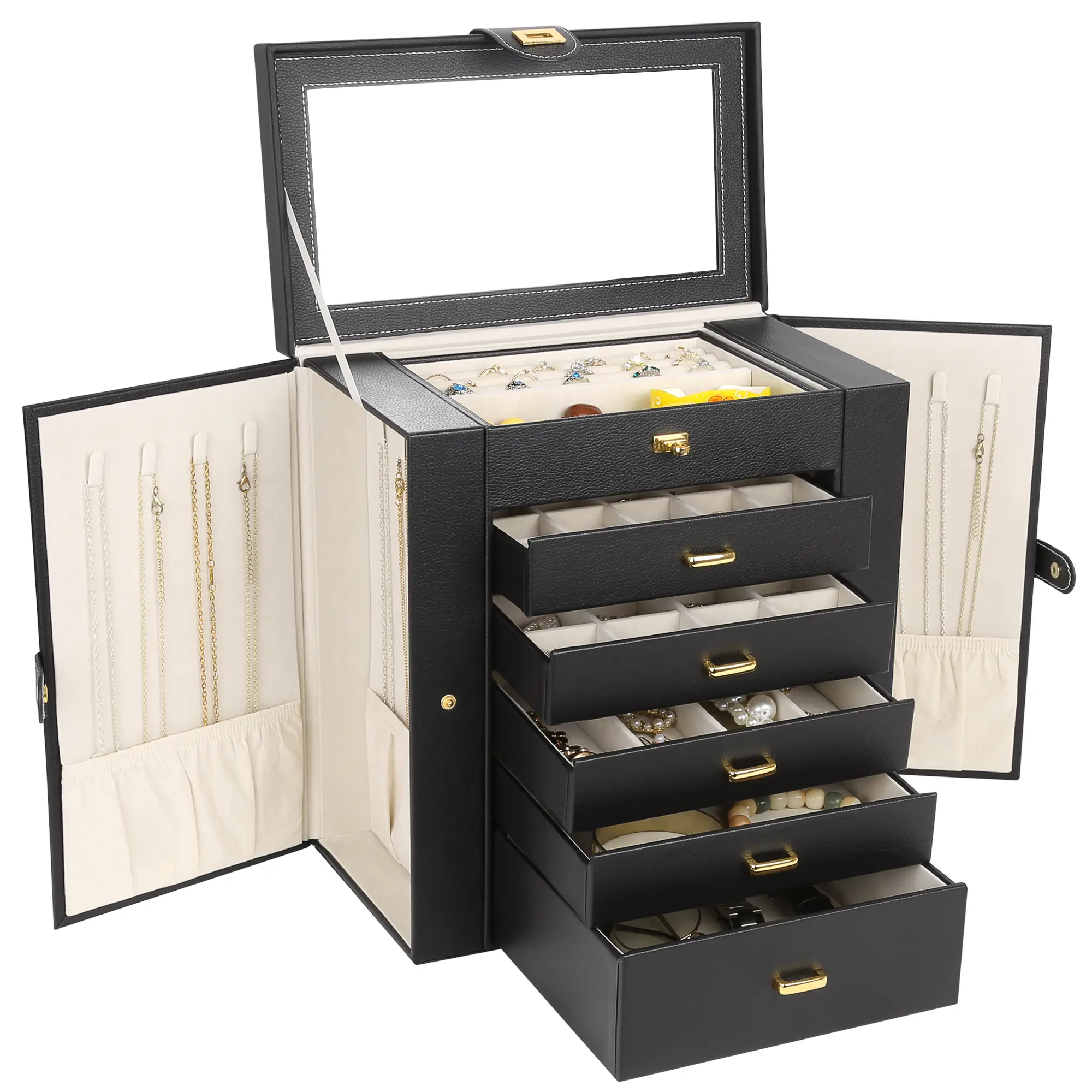 Kendal Extra Large Jewelry Box Jewelry Watch Case PU Leather 6 Tier 5 Drawers Large Storage Capacity with Mirror Jewelry Storage Organizer Great Gift