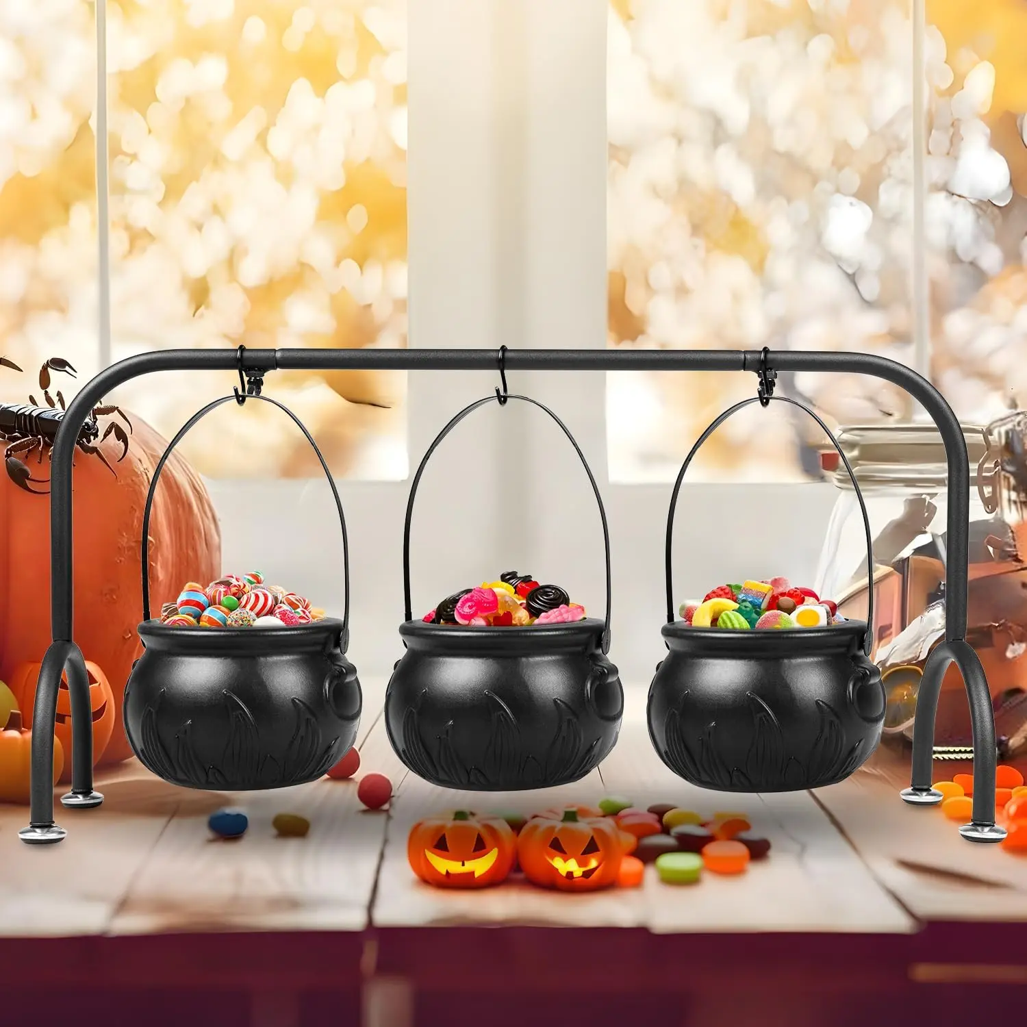 Halloween Gift Party Decorations Indoor,Set of 3 Witches Cauldron Candy Serving Bowls With Rack, Easter Candy for Kids, Halloween Party Supplies,Black Plastic Candy Cauldron for Table Decor