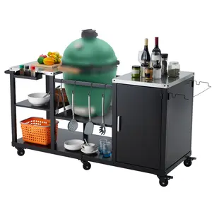 Outdoor Grill Table for Big Green Egg, Metal Grill Cart Table with Hooks and Racks, Heavy Duty Metal Grill Station Prep Table with Large Big Green Egg for Barbecue, Stainless, Steel