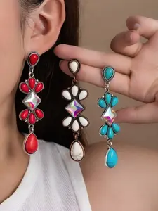 Fashion Trend Turquoise Long Earrings, Bohemian Ethnic Style Studs, Vintage Artistic Exaggerated Fringe Jewelry