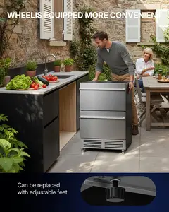 Upstreman 24 Inch Under Counter Double Drawer Refrigerator, Waterproof Stainless Steel Outdoor Refrigerator, Grid Organizers, LED Light, Built-in or Freestanding Beverage Fridge for Home/Patio -BR50D
