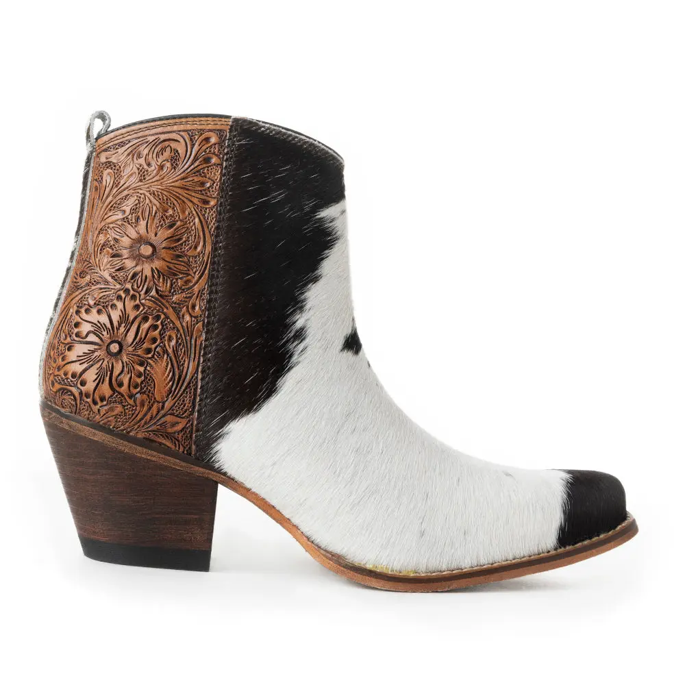 Women's Western Ankle Boots with Hair-on Hide and Hand Tooling Pattern, Snip Toe Cowgirl Booties with Tapered Heels, Western Elegance, Ankle Length