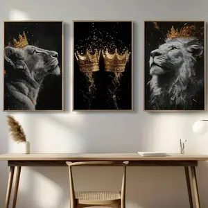 3 Piece Crowned Lioness Animal Posters, Background Minimalist Wall Art, Nordic Style Living Room Sofa Backdrop Decorative Painting, Modern Home Decor